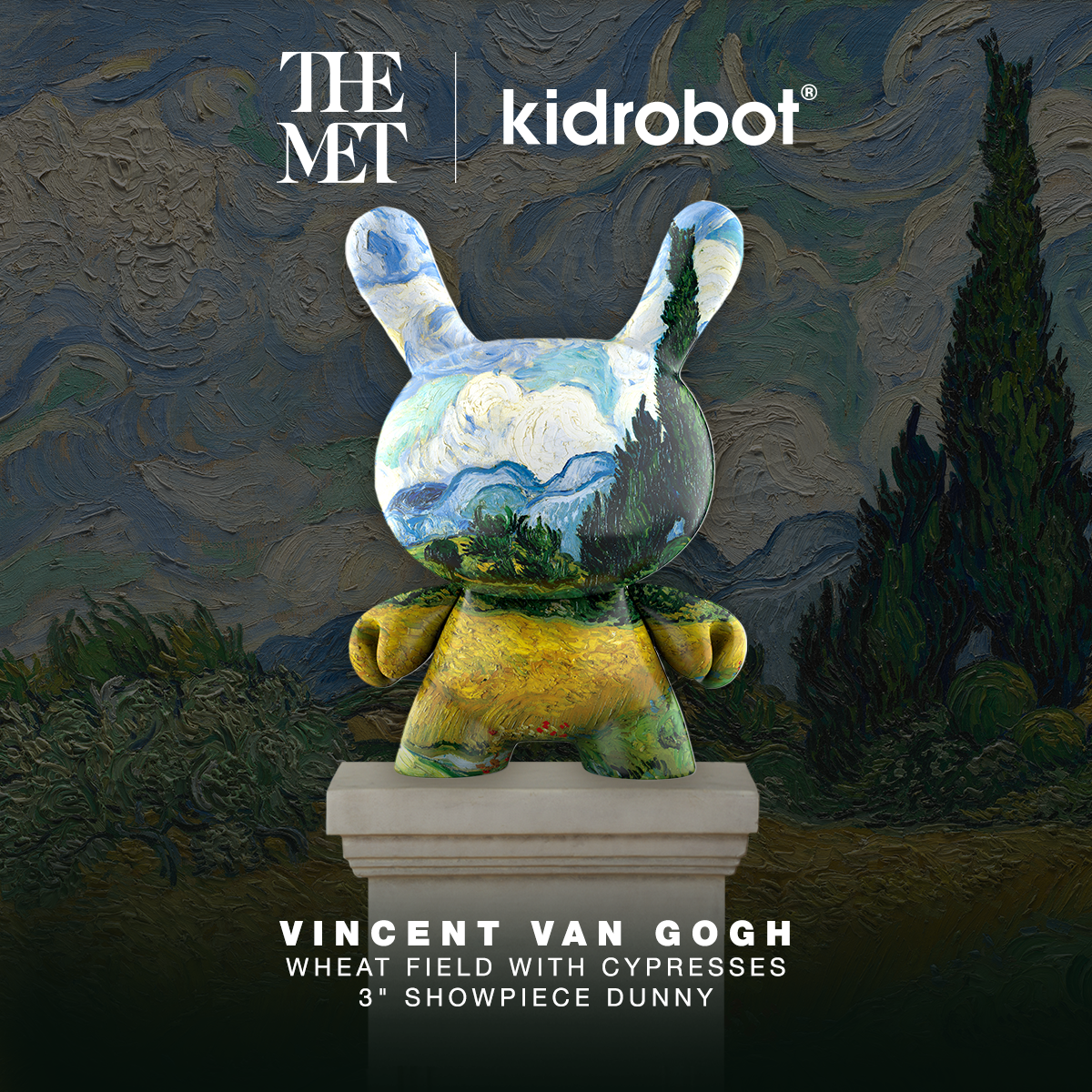 Dunny vinyl art figure by The Met inspired by Van Gogh's Wheat Field with Cypresses, featuring vibrant colors and detailed design.