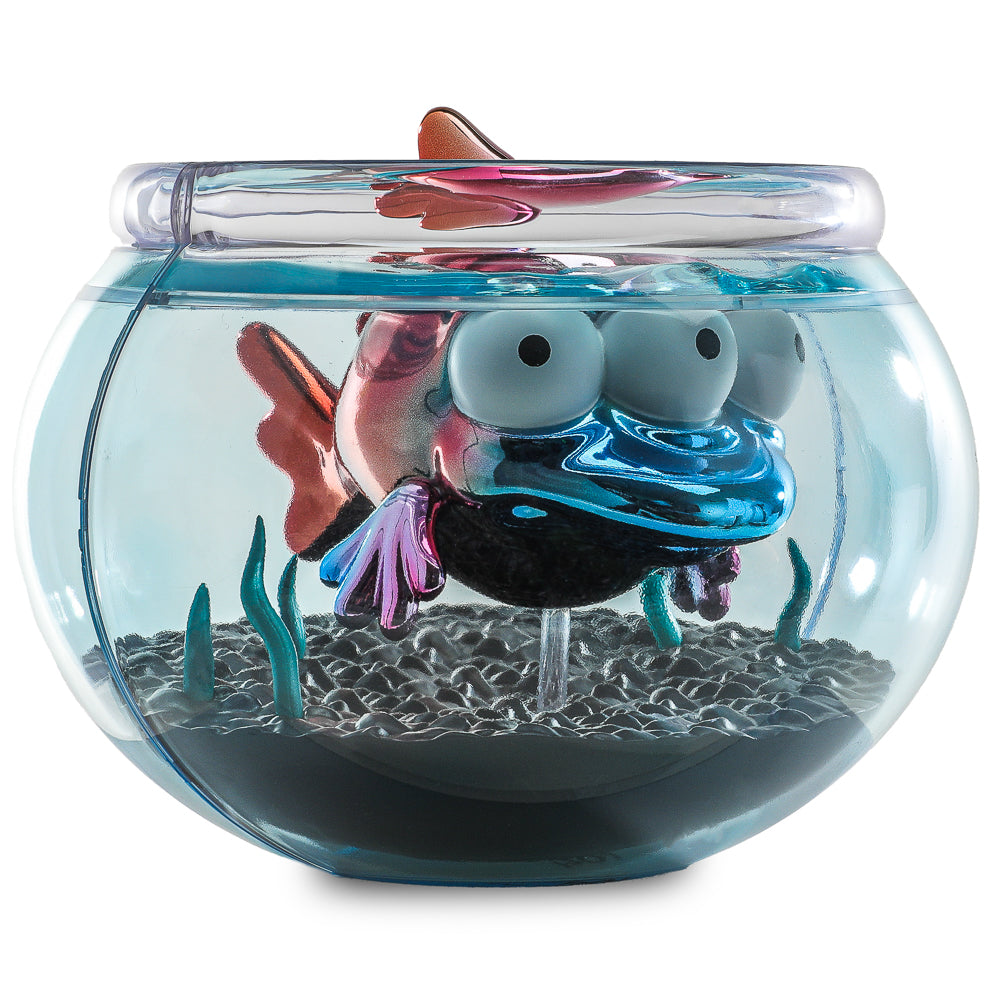 The Simpsons Blinky in Fish Bowl 5.5-inch vinyl art figure with nuclear electroplate finish, debut at NYCC 2025, sold out.