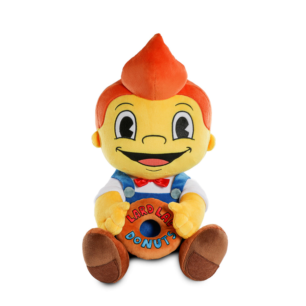 Soft Lard Lad plush from The Simpsons featuring the iconic character's cheerful face and bright yellow outfit.
