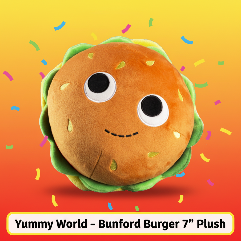 Yummy World Burger Plush toy featuring a soft, colorful plush burger with bun, lettuce, cheese, and toppings in a cute design.