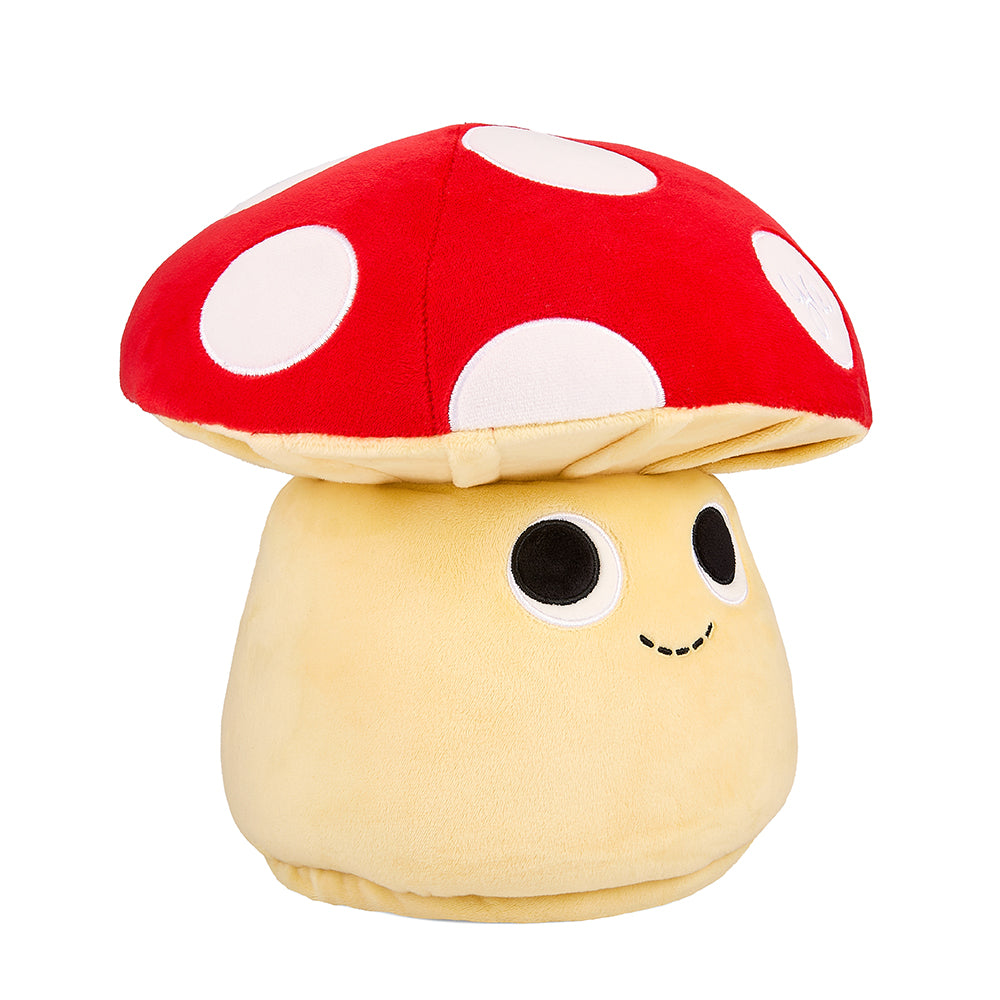 13-inch Kidrobot plush mushroom with adorable frog gnome characters, soft and interactive toy for children.