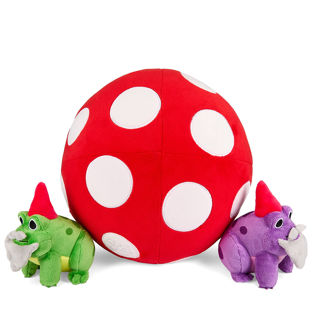 13-inch interactive plush mushroom with frog gnome characters by Kidrobot featuring soft fabric and playful design.