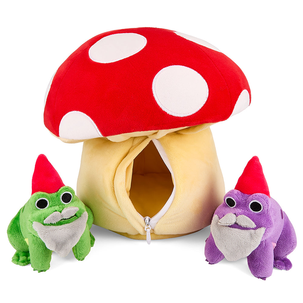 Interactive plush mushroom with frog gnome characters by Kidrobot, soft and colorful toy for children.