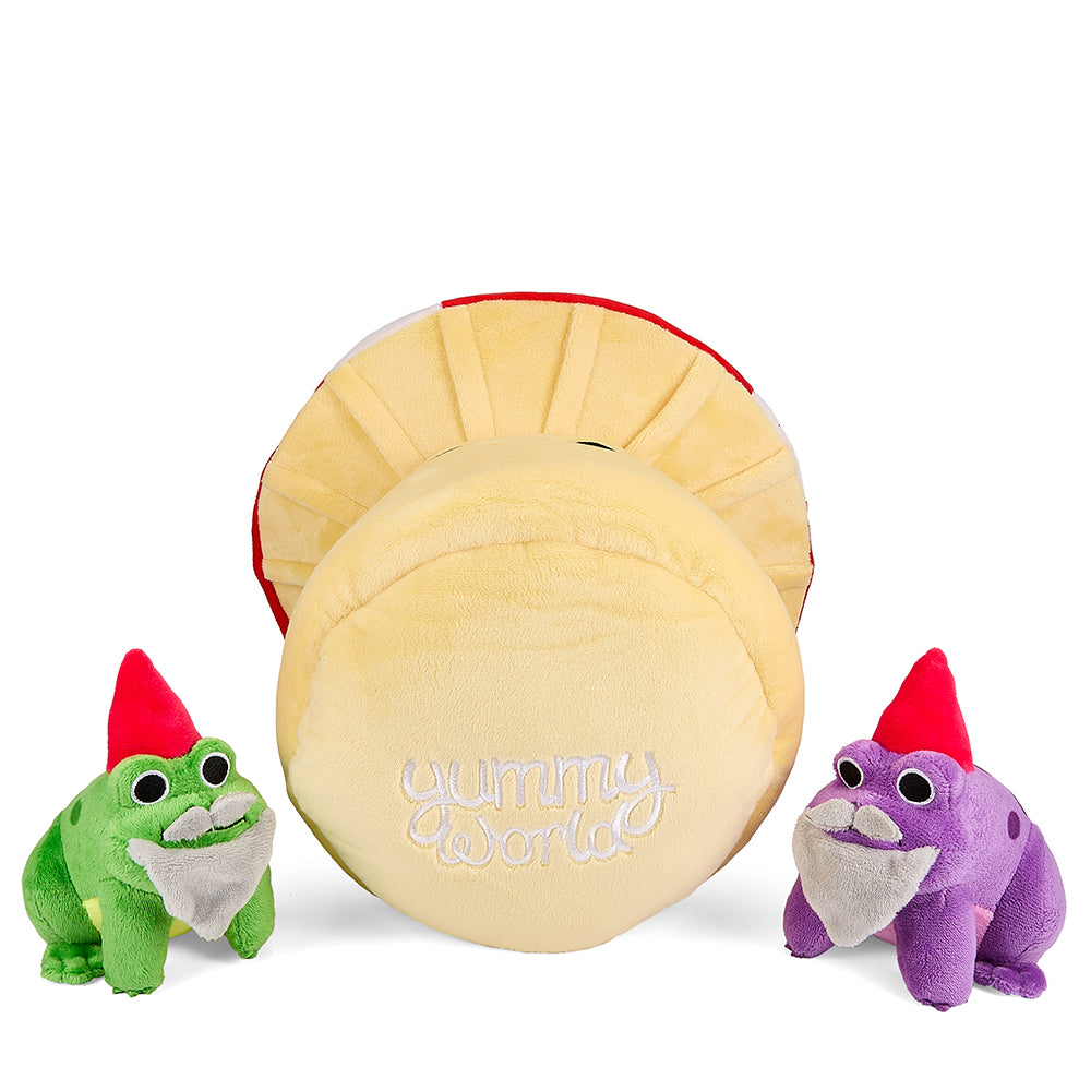 Interactive 13-inch plush mushroom with frog gnome characters by Kidrobot, soft fabric and detailed design.