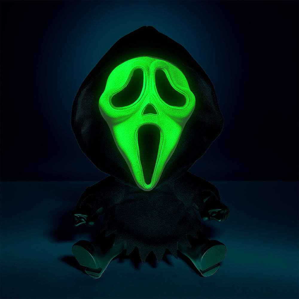 Ghost Face glow-in-the-dark Roto Phunny plush, 8-inch soft plush toy with spooky ghost face design.