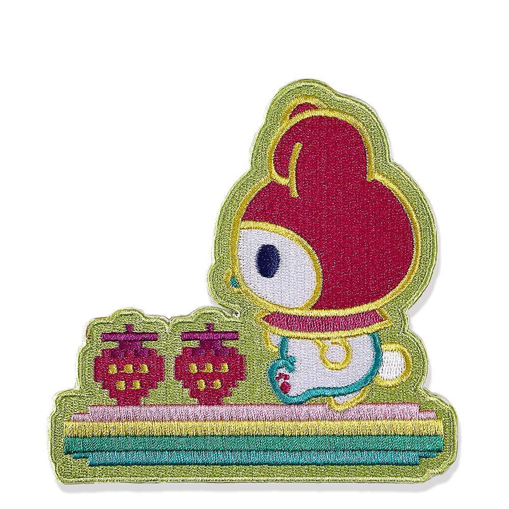 Hello Kitty and Friends arcade gamer pixel patch by Sanrio featuring My Melody and garden design, 3-4 inch embroidered patch.