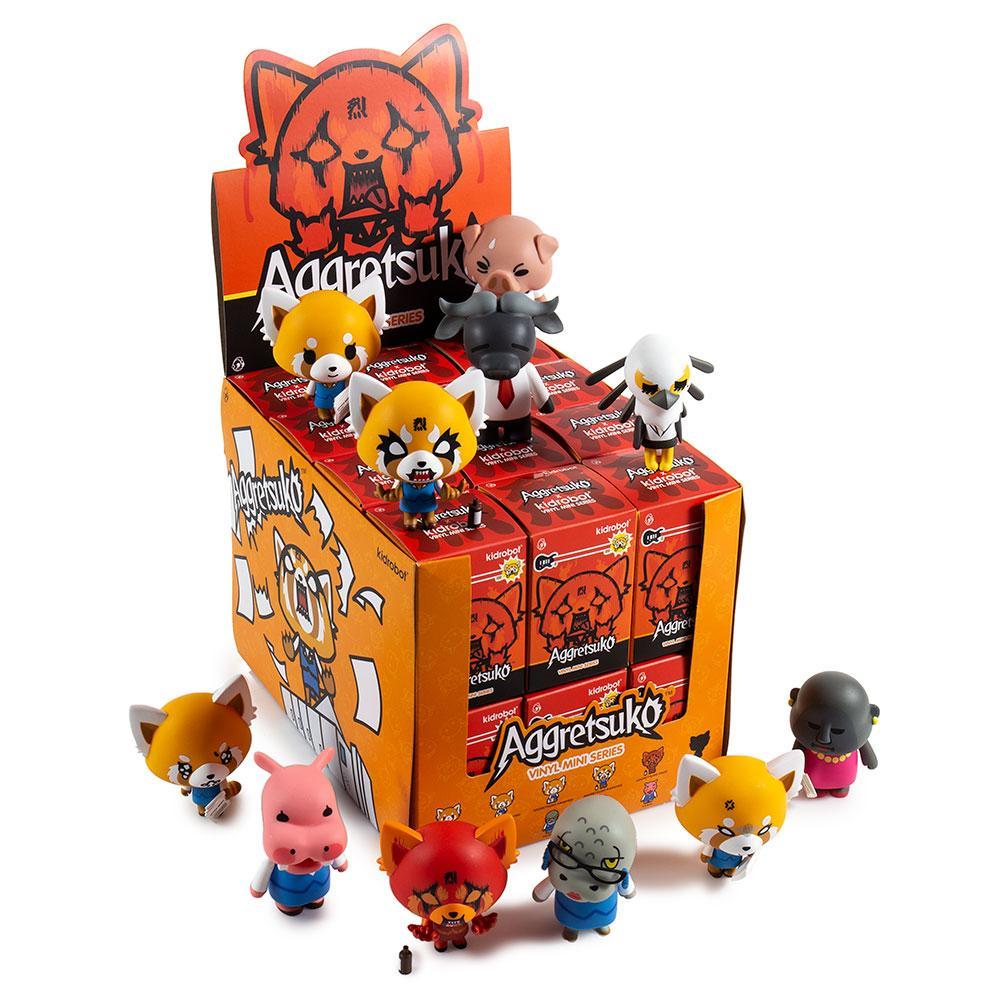 Vinyl Aggretsuko blind box mini series by Kidrobot and Sanrio featuring colorful collectible figures.