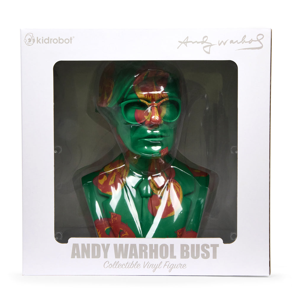 Andy Warhol 12-inch vinyl art sculpture of The Bust with dollar sign, limited edition of 200, featuring vibrant colors and bold design.