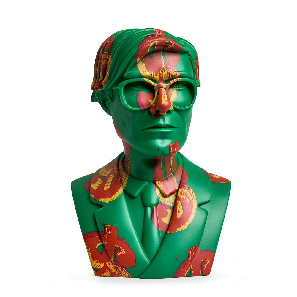 Andy Warhol 12-inch vinyl art sculpture of The Bust with dollar sign edition, limited to 200, showing the iconic figure in bold design.