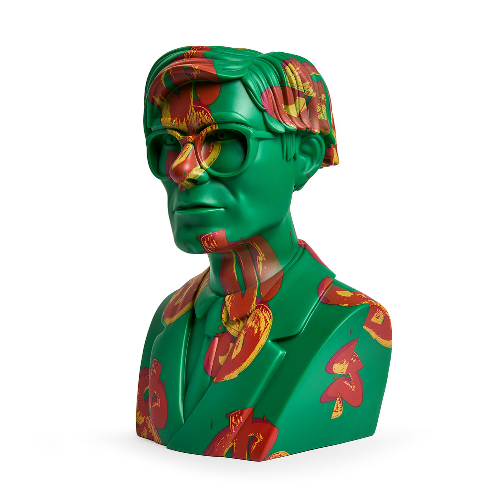 Andy Warhol 12-inch vinyl art sculpture of The Bust with dollar sign edition, limited to 200, showcasing a pop art style.