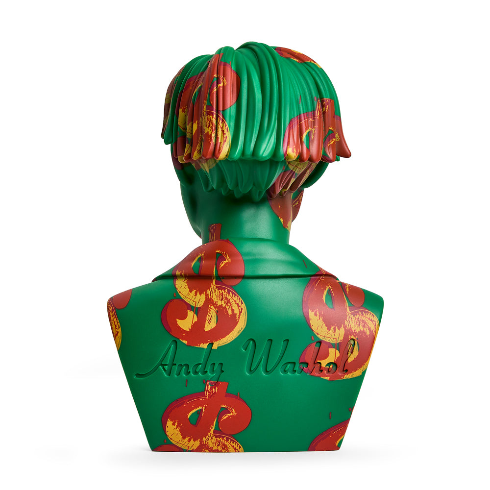 Andy Warhol 12-inch vinyl art sculpture of The Bust with dollar sign, limited edition of 200, showcasing vibrant pop art design.
