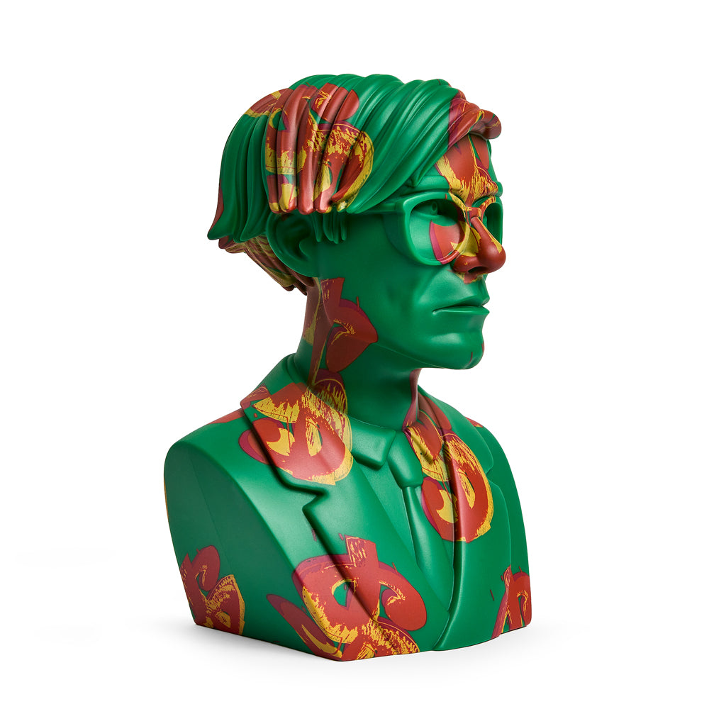 Andy Warhol 12-inch vinyl art sculpture of The Bust with dollar sign, limited edition of 200, displayed from a side angle.