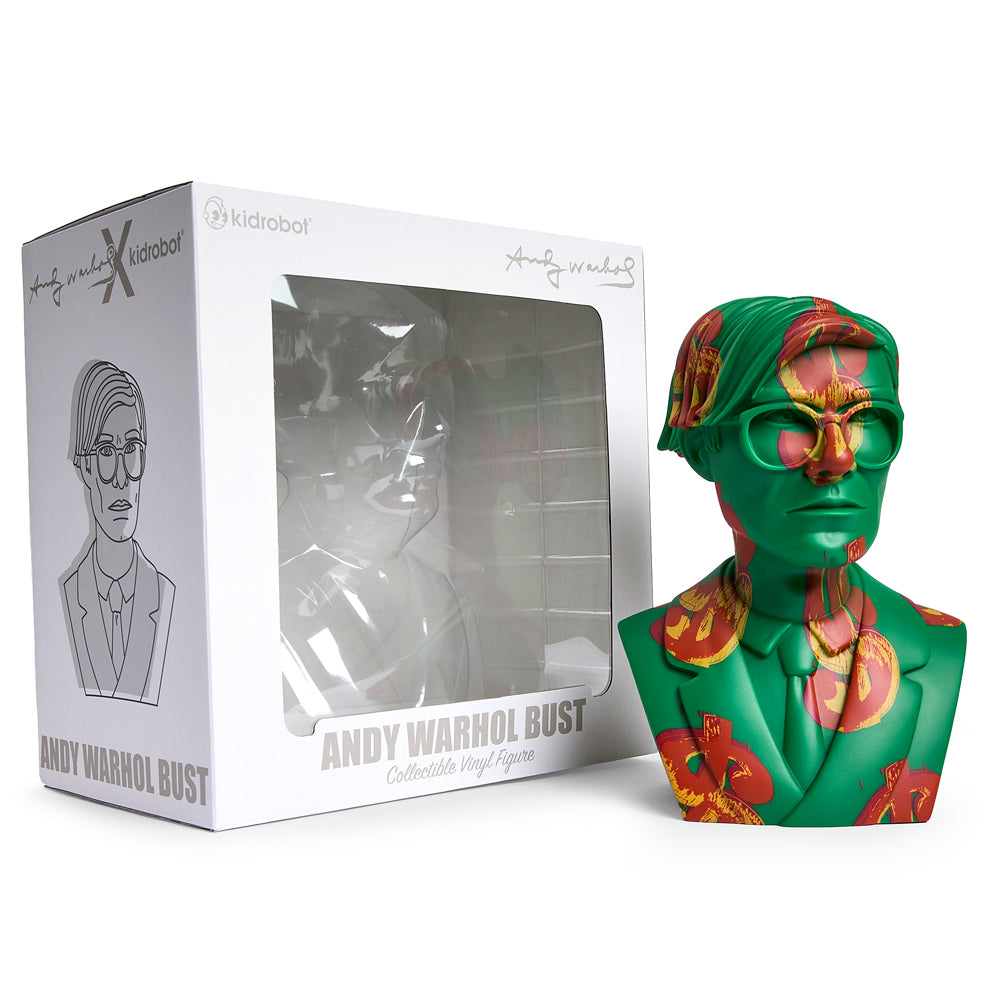 Andy Warhol 12-inch vinyl art sculpture of The Bust with dollar sign, limited edition of 200, sold out, featuring bold pop art design.