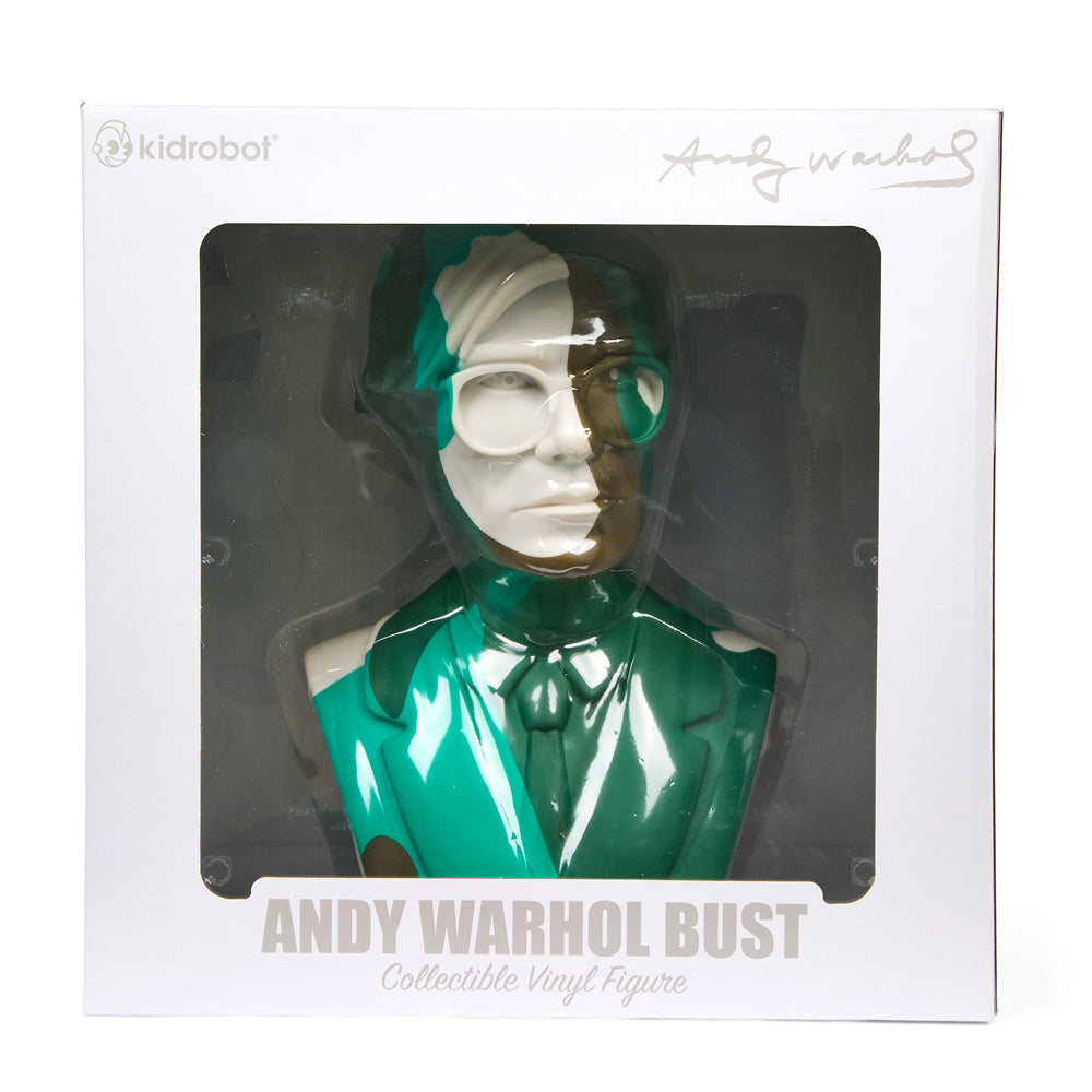 Andy Warhol 12-inch vinyl bust sculpture in green camouflage, limited edition of 200, showcasing vibrant pop art design.