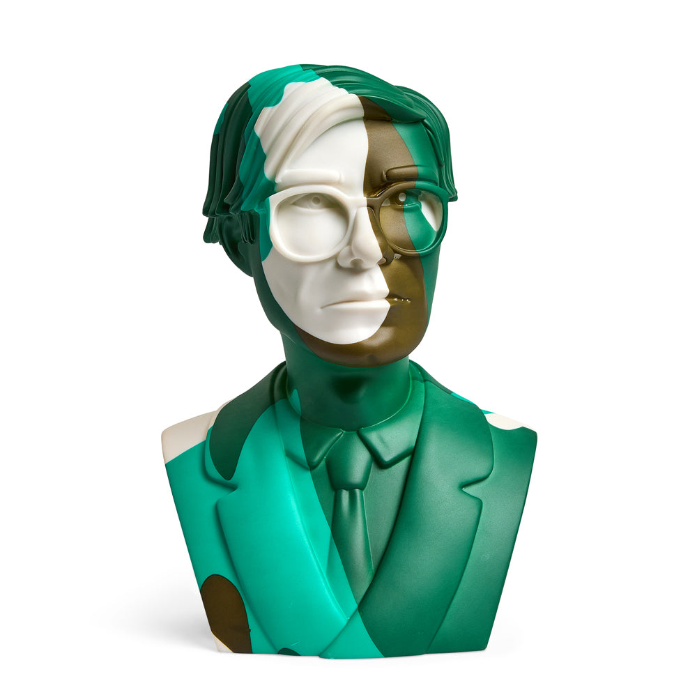 Andy Warhol 12" vinyl sculpture of The Bust in green camouflage, limited edition art piece with a bold, textured design.
