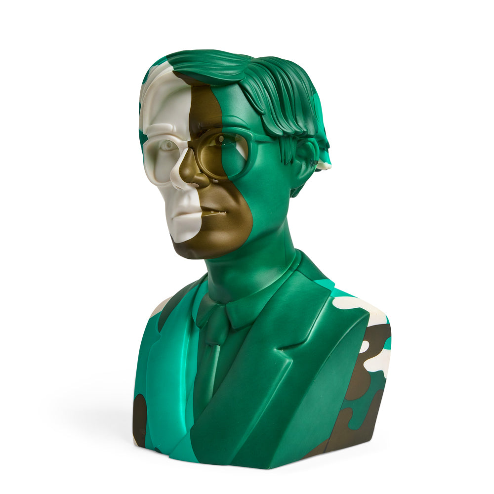 Andy Warhol 12" The Bust vinyl art sculpture in green camouflage, limited edition of 200, featuring detailed vinyl sculpture artwork.