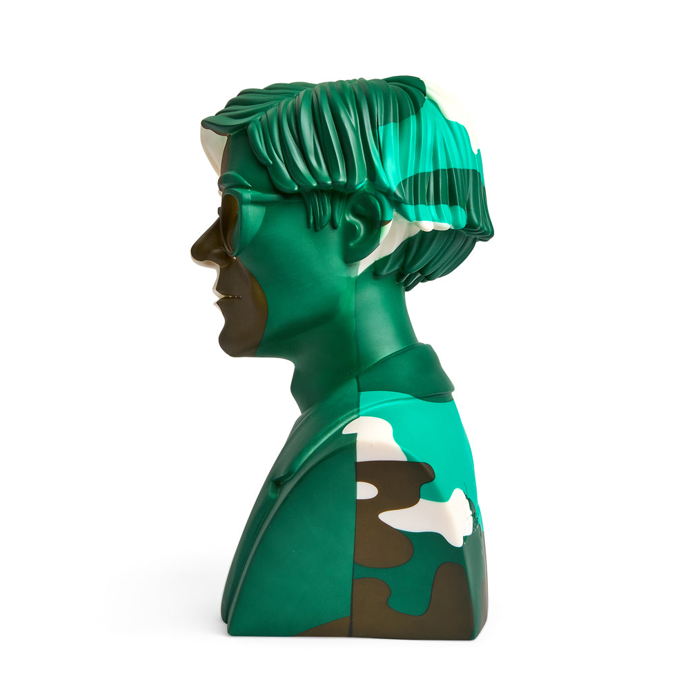 Andy Warhol 12-inch vinyl art sculpture of The Bust in green camouflage, limited edition of 200, with detailed sculptural features.
