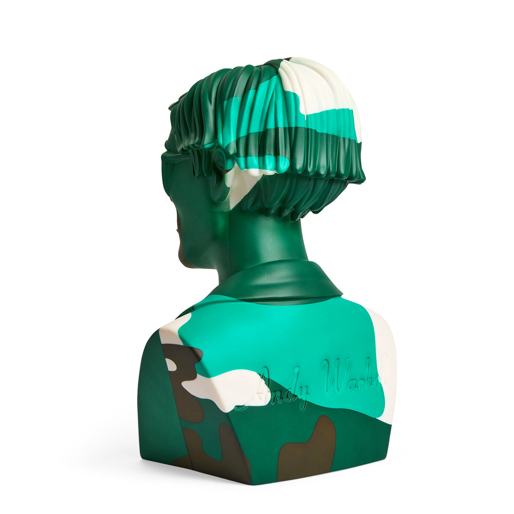 Andy Warhol 12" The Bust vinyl art sculpture in green camouflage, limited edition of 200, showcasing a modern pop art design.