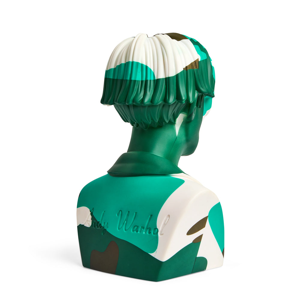 Andy Warhol 12" vinyl art sculpture of The Bust in green camouflage, limited edition of 200, showcasing Warhol's iconic pop art style.