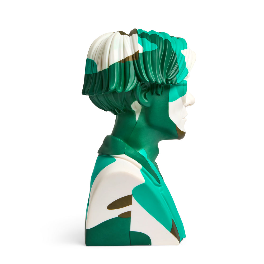 Andy Warhol 12" The Bust vinyl art sculpture in green camouflage, limited edition of 200, showcasing bold design and vibrant colors.