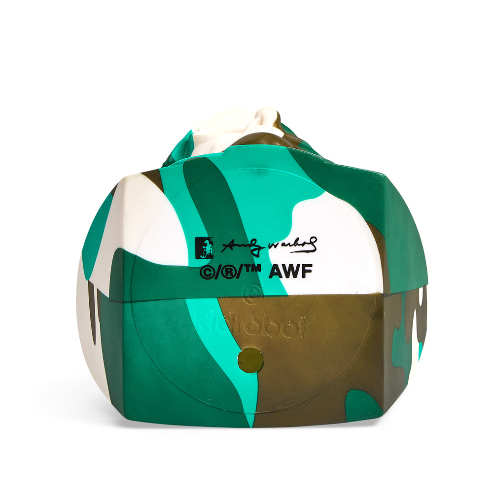 Andy Warhol 12" The Bust vinyl art sculpture in green camouflage, limited edition of 200, showcasing a distinctive vinyl sculpture design.