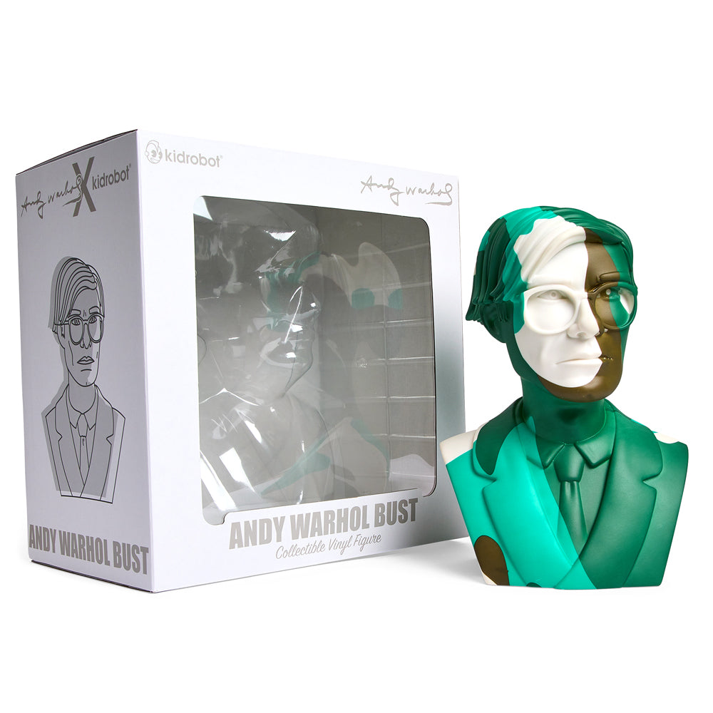 Andy Warhol 12-inch vinyl art sculpture of The Bust in green camouflage, limited edition of 200, showcasing vibrant design details.