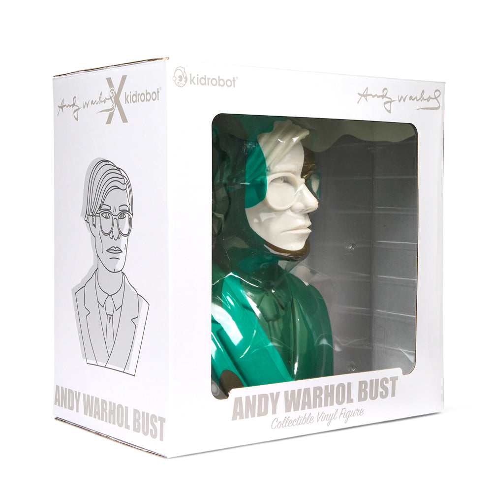 Andy Warhol 12" The Bust vinyl art sculpture in green camouflage, limited edition of 200, showcasing Warhol's iconic style.
