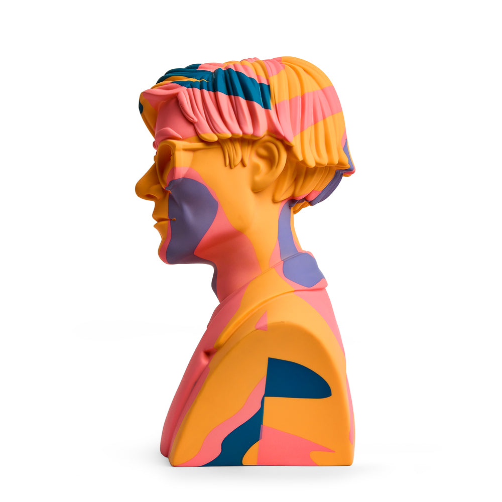 Andy Warhol 12" The Bust vinyl art sculpture in orange camouflage, limited edition of 200, showcasing vibrant artistic design.