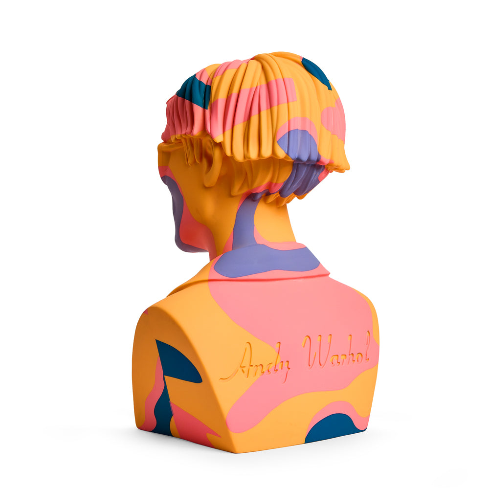 Andy Warhol 12-inch vinyl art sculpture of The Bust in orange camouflage, limited edition of 200, showcasing vibrant colors and details.