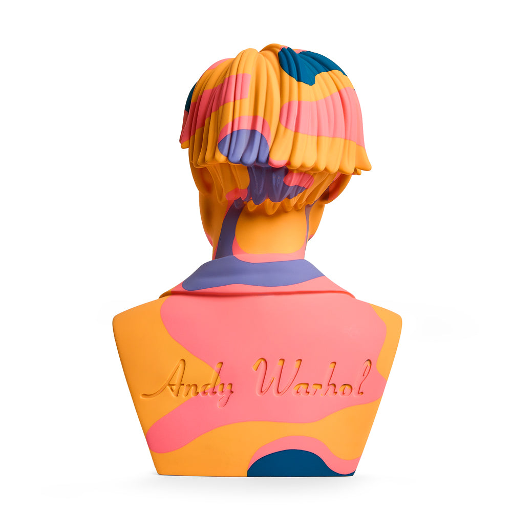 Andy Warhol 12" The Bust vinyl art sculpture in orange camouflage, limited edition of 200, showcasing bold, colorful design.