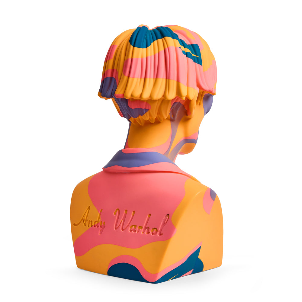 Andy Warhol 12-inch vinyl art sculpture of The Bust in orange camouflage, limited edition of 200, featuring vibrant camouflage design.