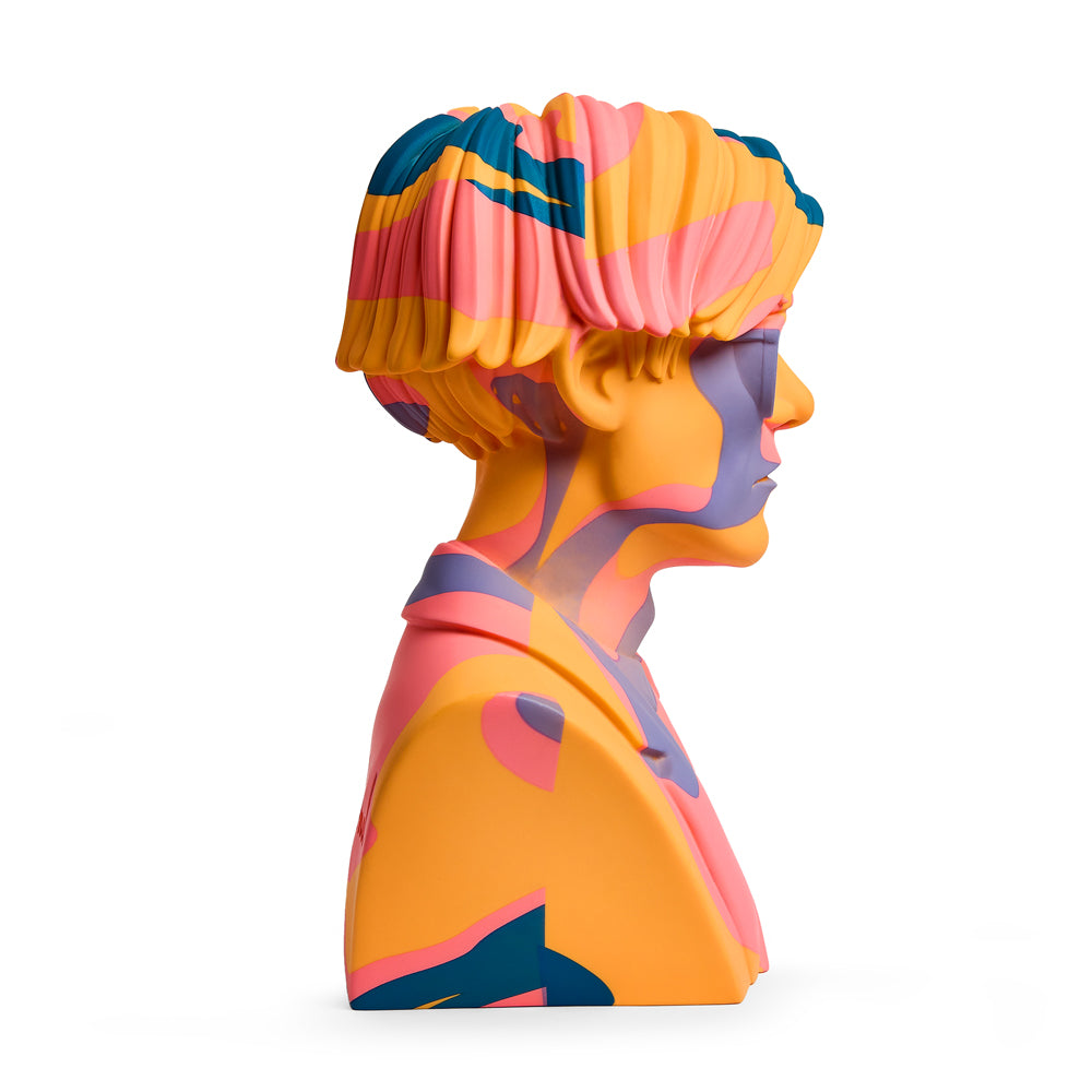 Andy Warhol 12-inch The Bust vinyl art sculpture in orange camouflage, limited edition of 200, showcasing a colorful pop art figure.