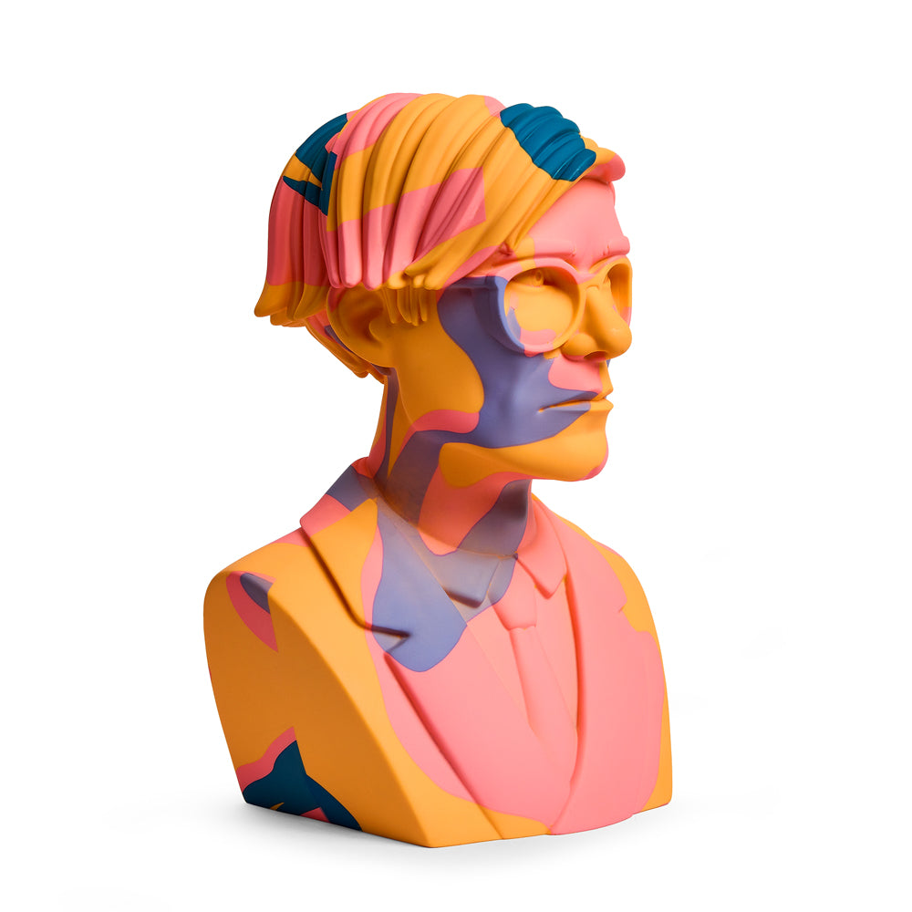 Andy Warhol 12-inch vinyl art sculpture of The Bust in orange camouflage, limited edition collectible art figure.