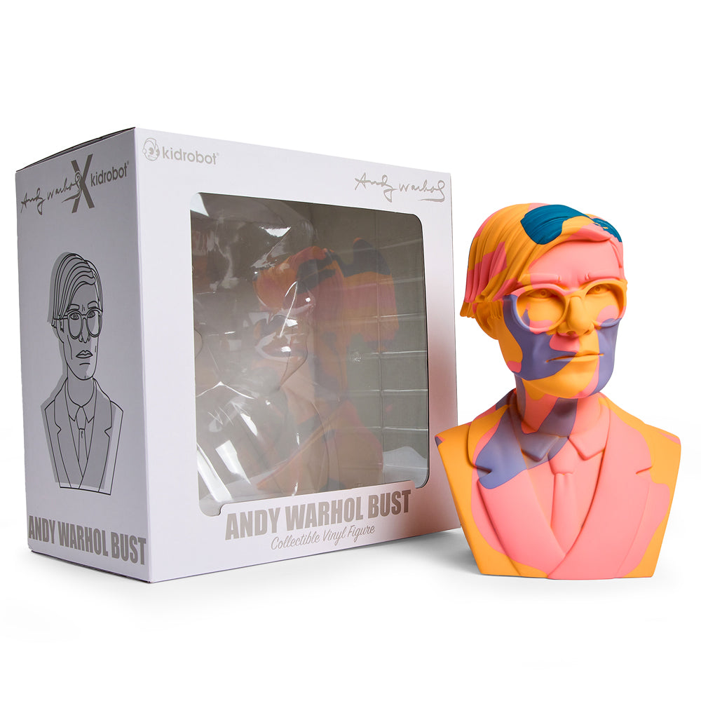 Andy Warhol 12-inch vinyl art sculpture of The Bust in orange camouflage, limited edition of 200, featuring vibrant design and textured surface.