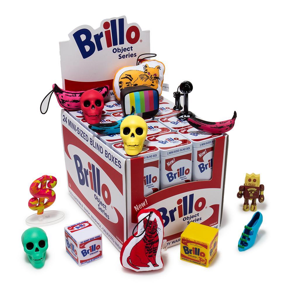 Andy Warhol Brillo Box vinyl plush blind box figure by Kidrobot, featuring colorful pop art design and collectible packaging.