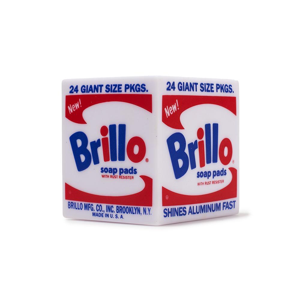 Andy Warhol Brillo Box mini vinyl plush figure by Kidrobot, single blind box art object collectible with bold packaging design.