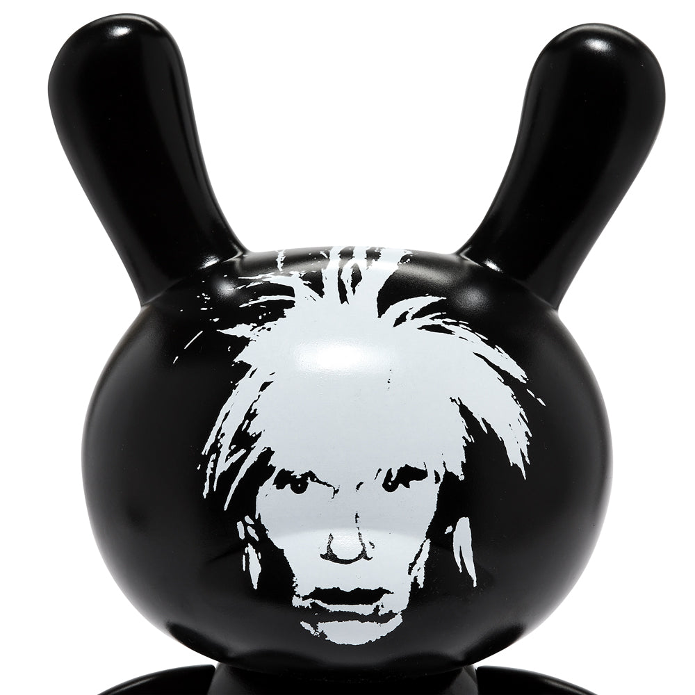 Andy Warhol Fright Wig Self-Portrait 8" Dunny in monochrome edition, collectible vinyl toy with Warhol-inspired design.