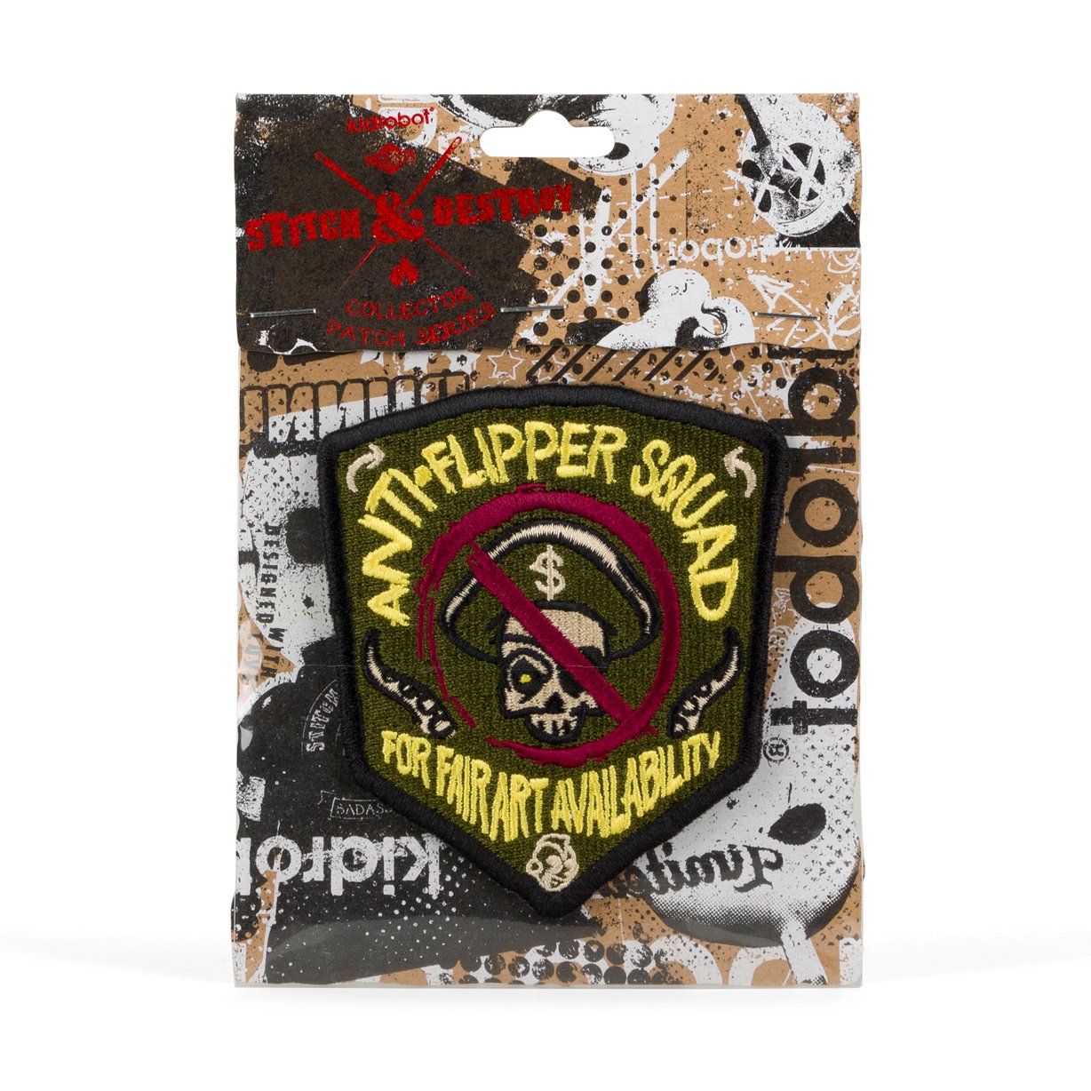 Kidrobot Anti-Flipper Squad Stitch & Destroy patch with bold design, featuring stitched and destroyed style elements on fabric.