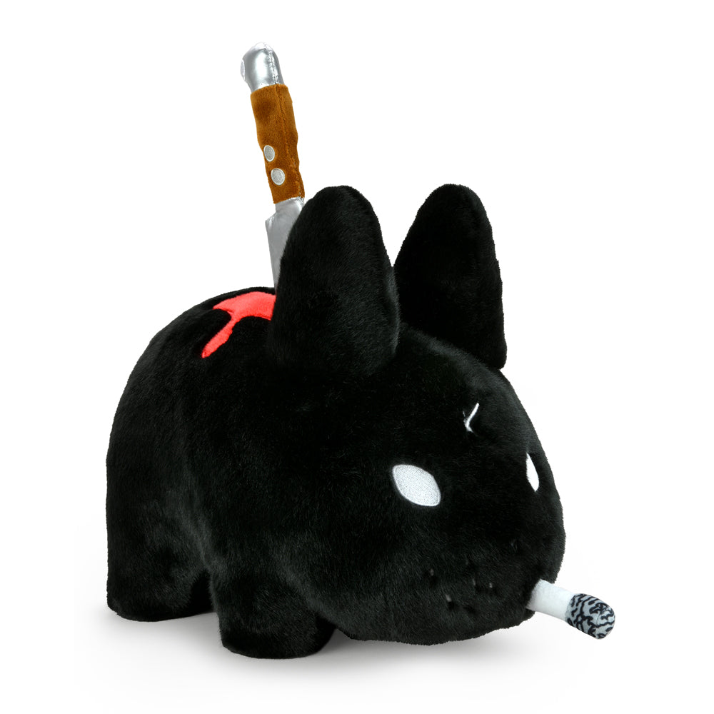 Black edition Backstab Smorkin Labbit 14-inch plush by Labbit featuring a detailed, soft black plush design with expressive facial features.