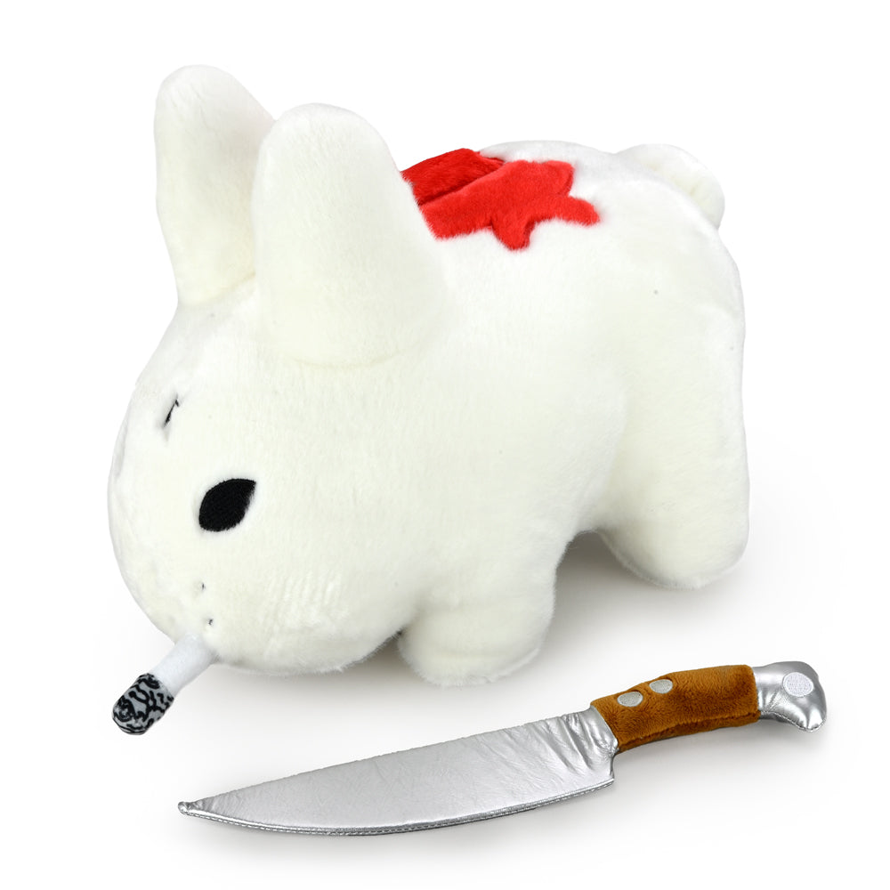White edition Backstab Smorkin Labbit 14-inch plush toy by Labbit, featuring detailed white plush fabric and expressive facial features.
