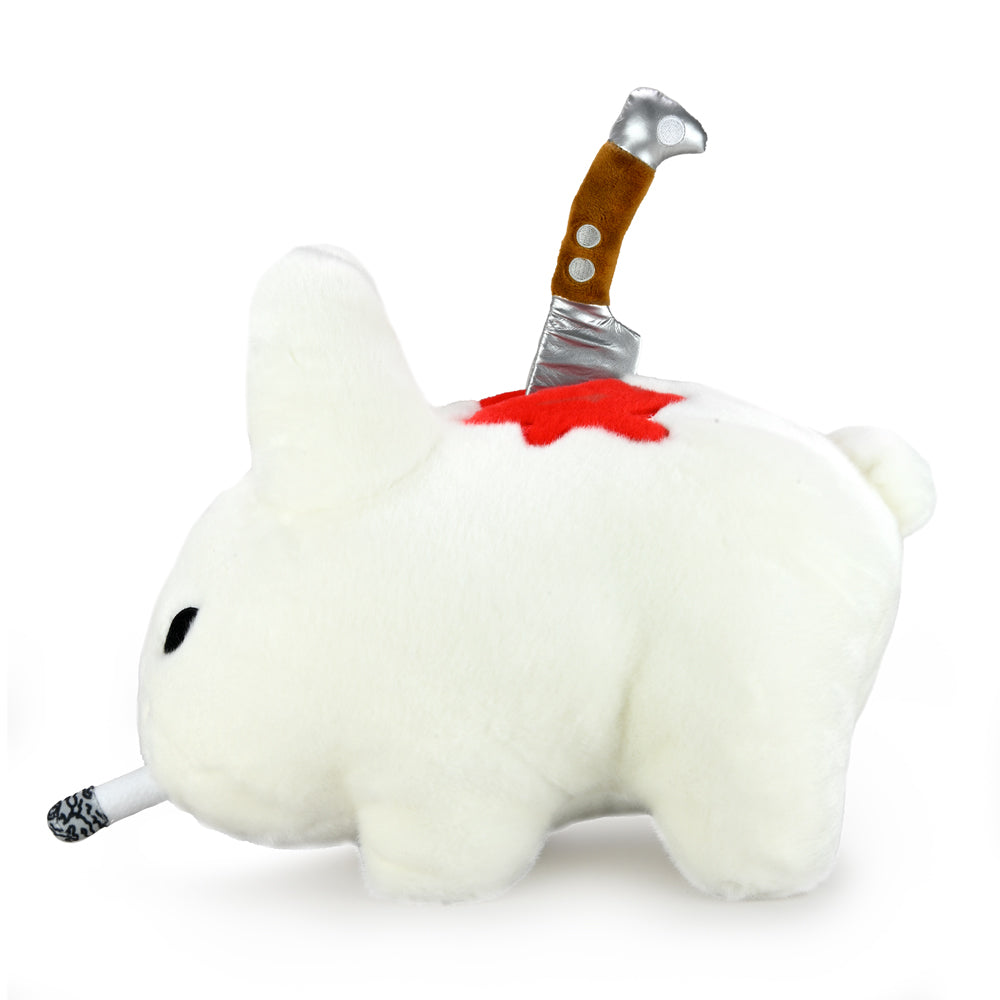 White edition Backstab Smorkin Labbit 14-inch plush toy by Labbit, featuring a soft, detailed stuffed animal with distinctive facial features.