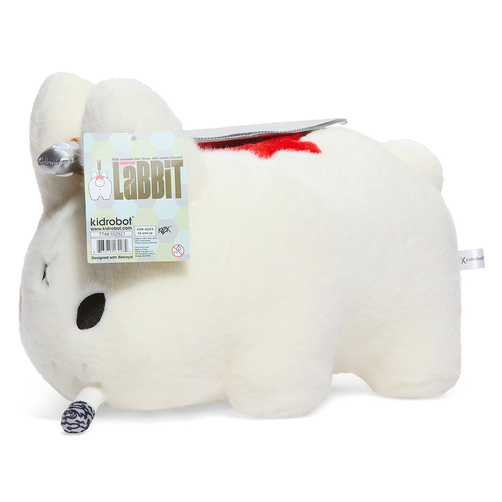 White edition Backstab Smorkin Labbit 14-inch plush toy by Labbit, featuring detailed stitching and soft fabric.
