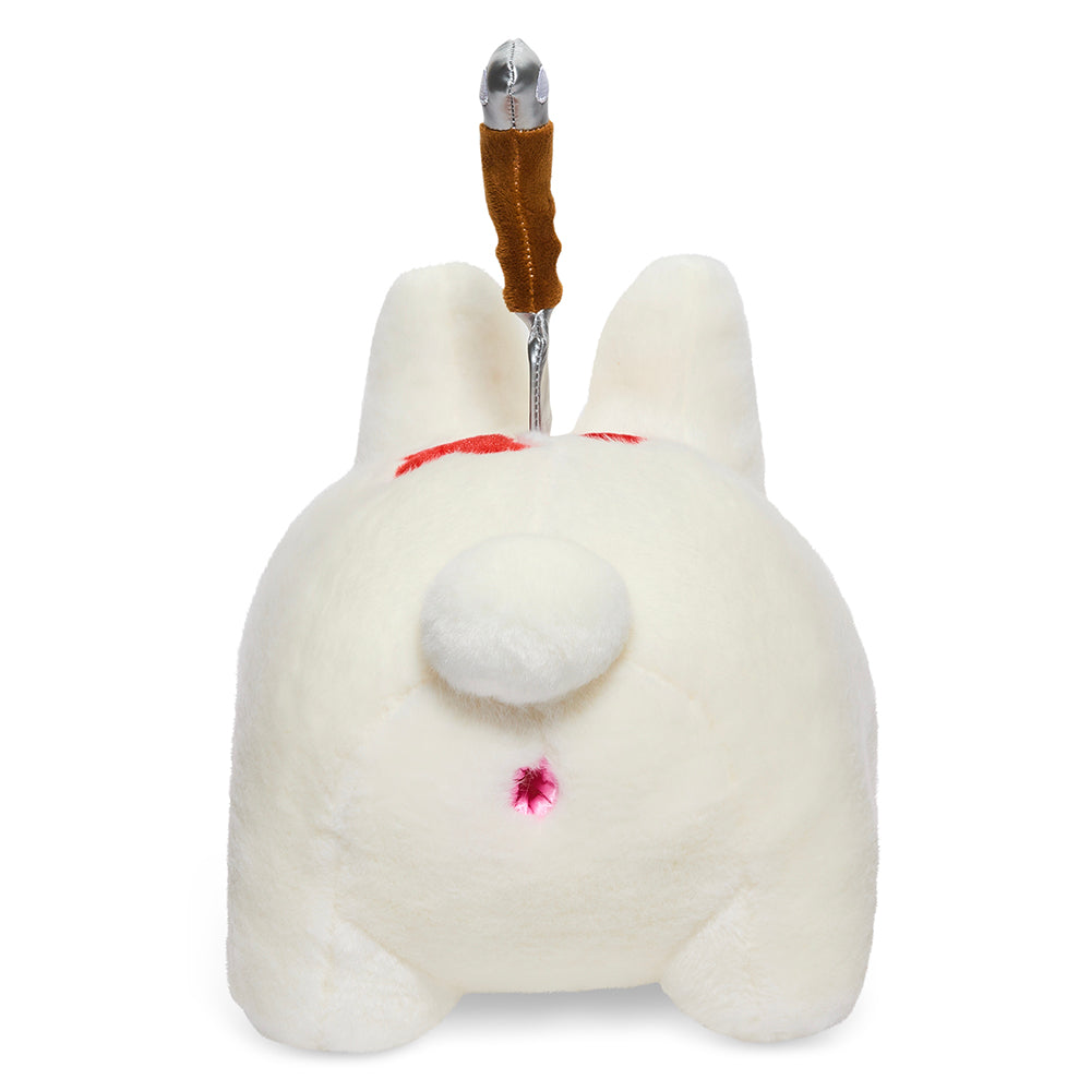 White edition Backstab Smorkin Labbit 14-inch plush toy by Labbit, featuring detailed stitching and soft fabric.