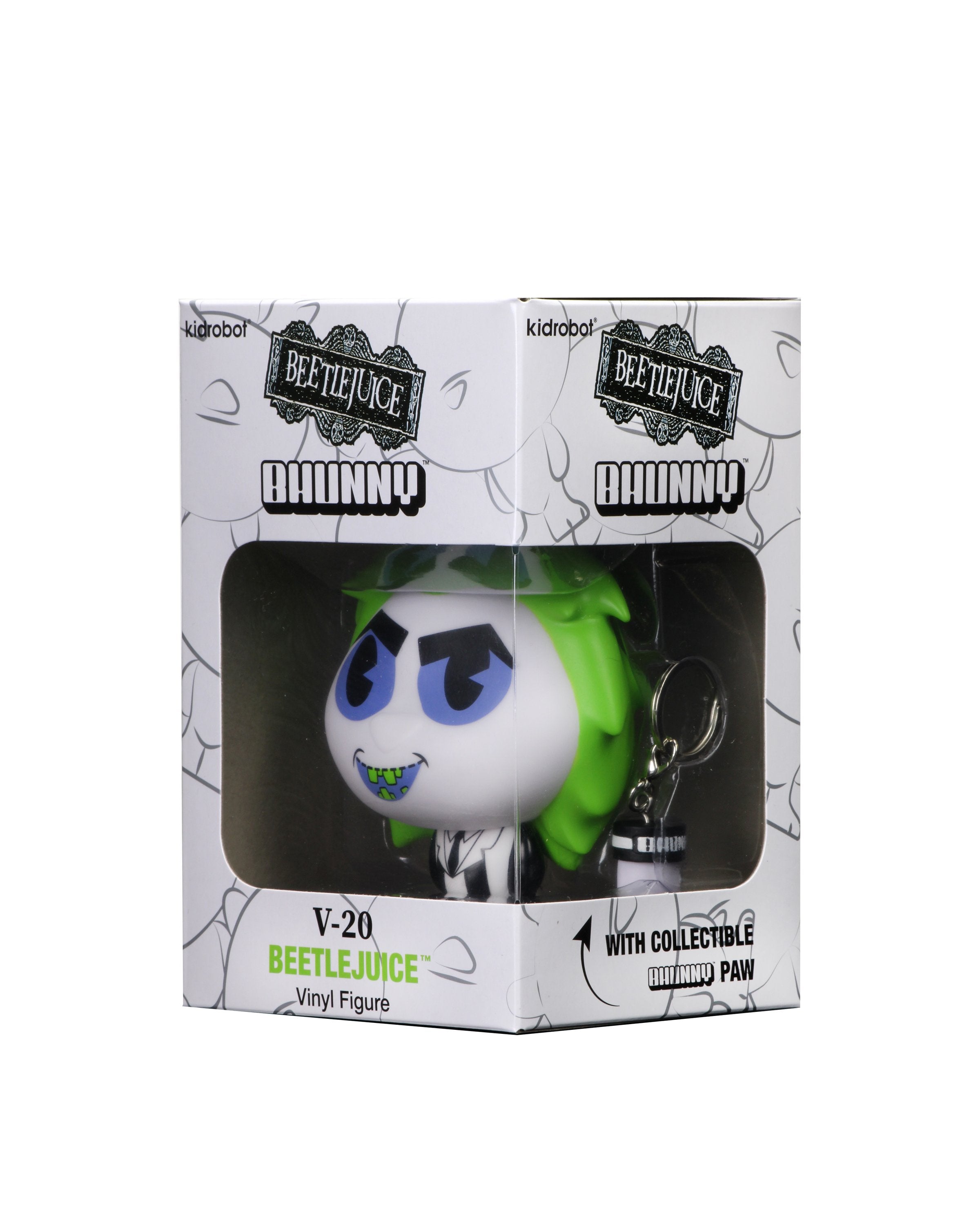 Kidrobot Beetlejuice BHUNNY 4-inch vinyl figure featuring Beetlejuice character in a playful pose.
