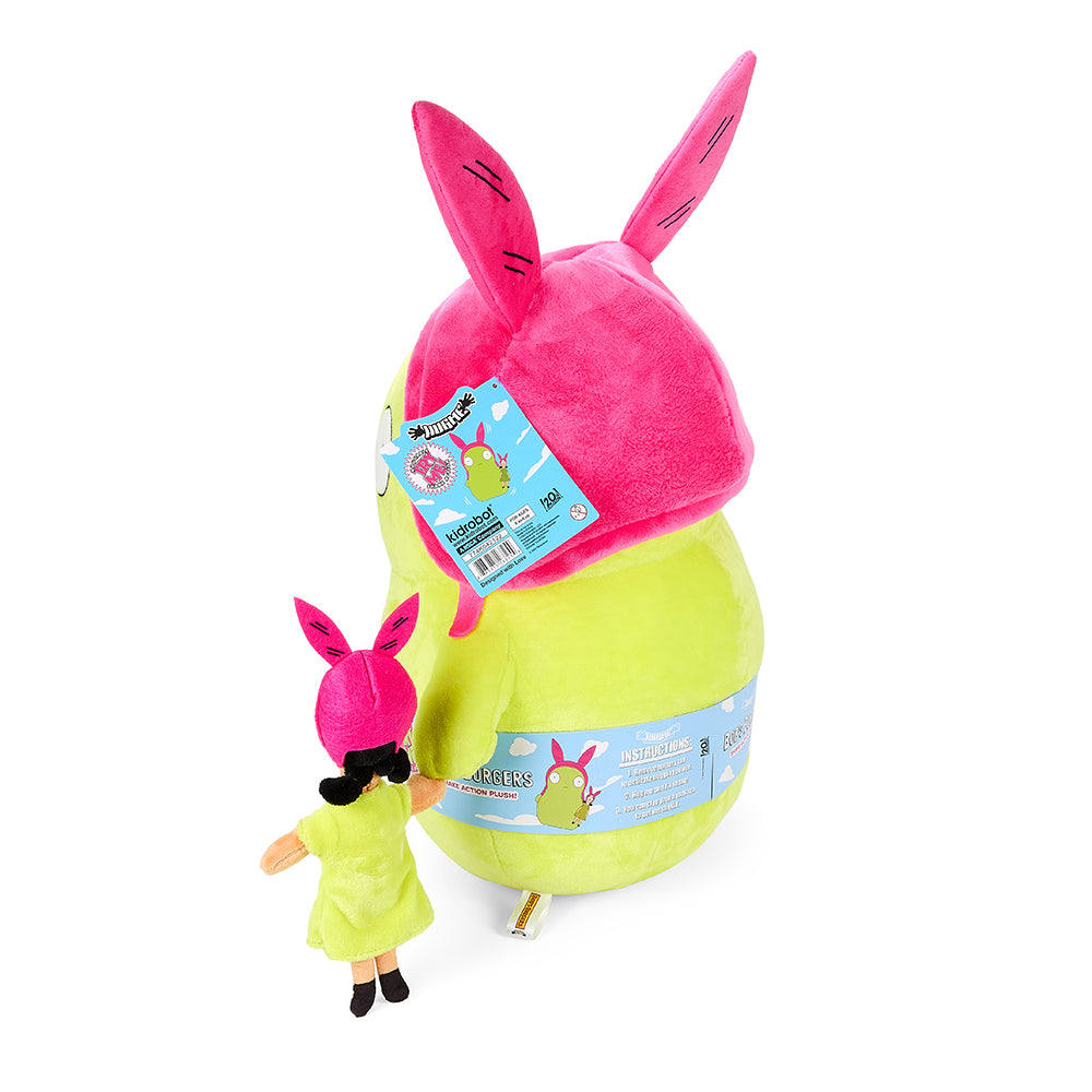 Bob's Burgers Louise and Kuchi Kopi 16-inch HugMe plush with shake action, featuring soft fabric and detailed character designs.