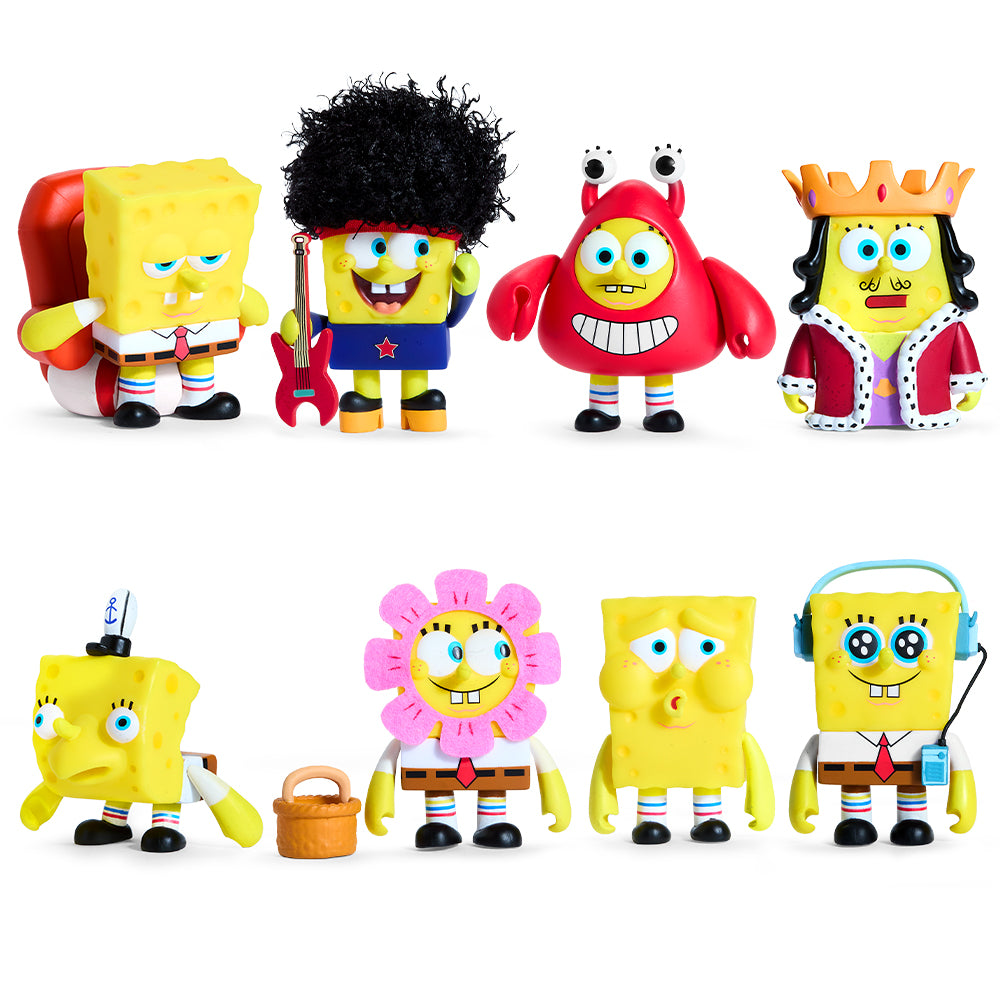 Collection of SpongeBob SquarePants vinyl mini figures from the Cavalcade series, featuring colorful SpongeBob character designs.