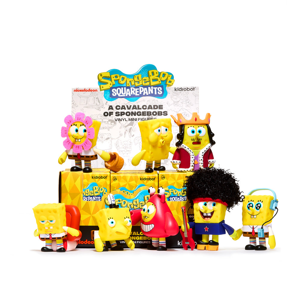 Collection of SpongeBob SquarePants vinyl mini figures from Kidrobot's Cavalcade series, featuring colorful 3-inch characters.