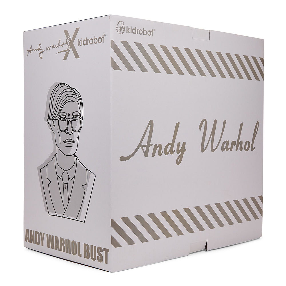 Iridescent 12-inch Andy Warhol vinyl art bust sculpture, limited edition of 300, showcasing vibrant colors and iconic design.