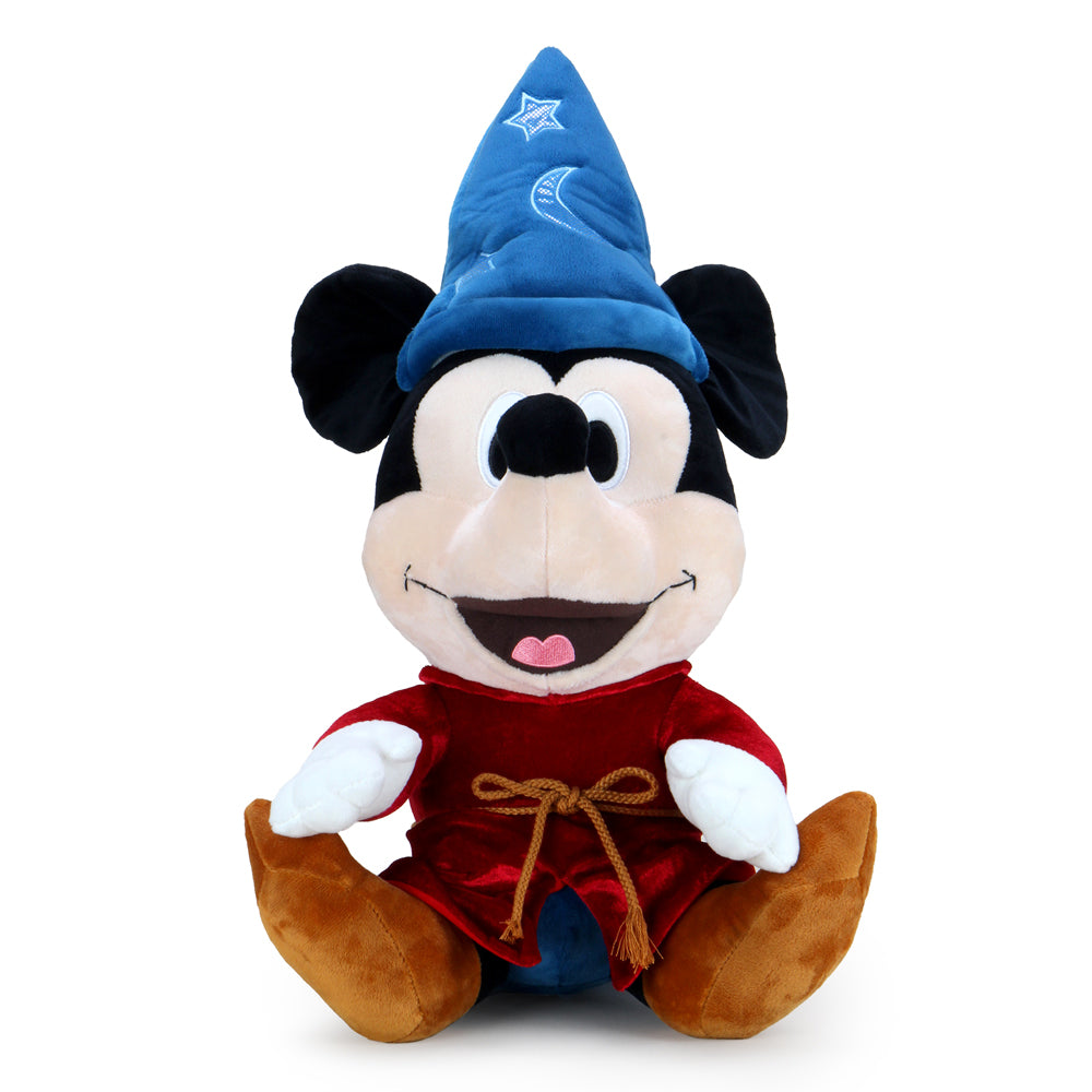 Soft Disney Sorcerer Mickey plush from Fantasia, 16 inches tall, featuring detailed embroidered face and colorful costume.