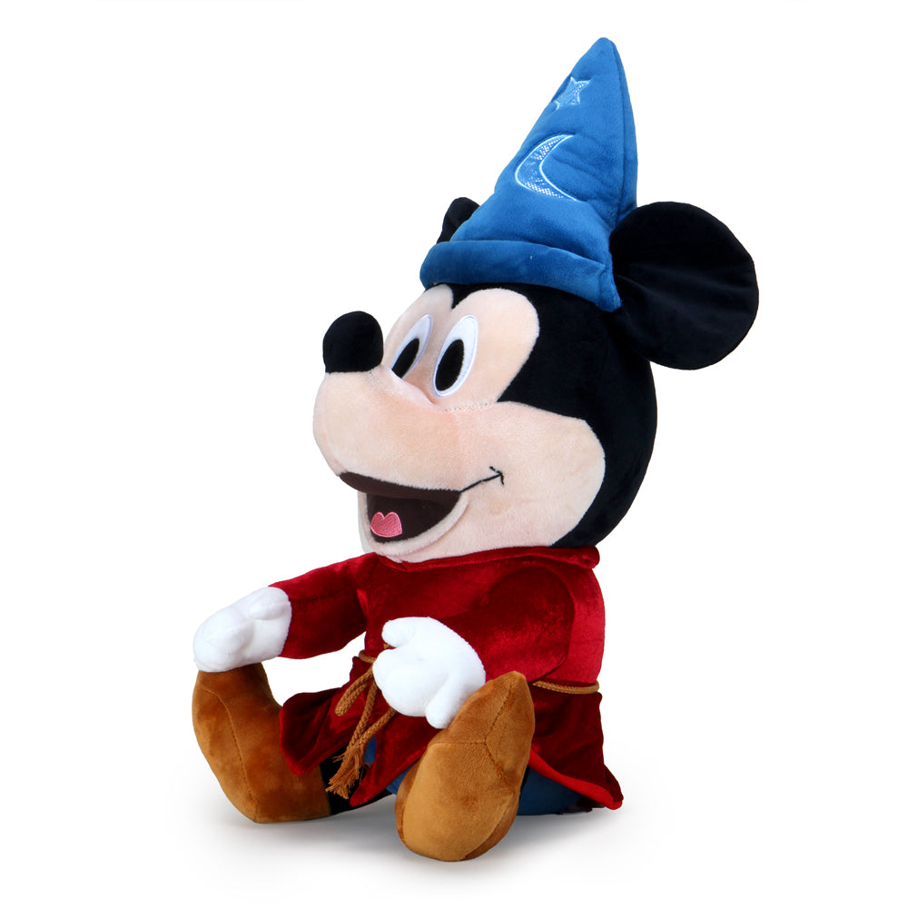Disney Fantasia Sorcerer Mickey 16-inch HugMe plush toy with detailed Sorcerer hat and colorful costume, soft and cuddly.